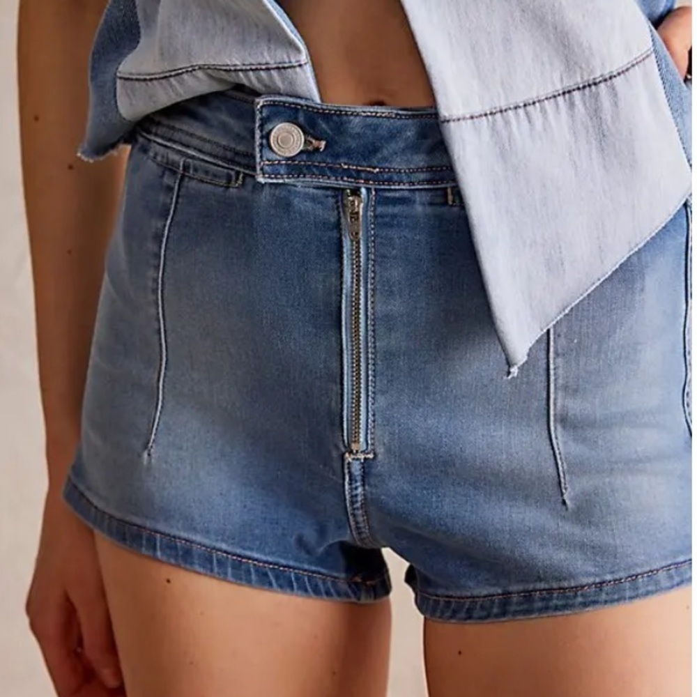 NWT Free People We The Free Blue Honeycomb High Rise Denim Brief Shorts Gre